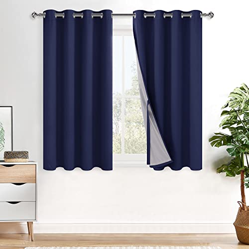 XWZO 100 % Verdunkelungsvorhänge, wärmeisoliert, schwarz, geräuschreduzierende und wärmeblockierende Vorhänge für Flur- und Studio-Fenster mit Raffhaltern, Marineblau, B 52 x L 54, 2er-Set von XWZO