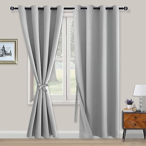 XWZO Blickdichte Vorhänge Verdunklungsvorhänge mit Ösen 2 Stücke Gardienen mit Raffhalter Lichtundurchlässige Vorhänge für Schlafzimmer,WonhzimmerBüro, 214x132 cm, Silber Grau von XWZO