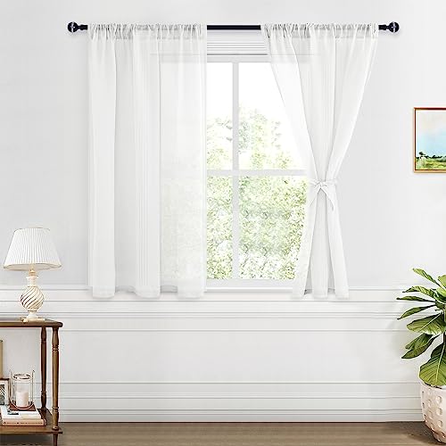 XWZO Durchsichtige Vorhänge für Schlafzimmer, Leinenoptik, Stangentasche, Lichtfilterung und Privatsphäre, Fenstervorhänge für Kinderzimmer/kleine Fenster, B 91,4 x 114,4 cm Länge, Set mit 2 Paneelen von XWZO