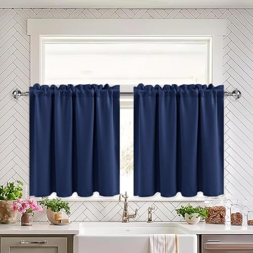 XWZO Gardinen Blackout, Vorhänge Blickdicht mit Gardinenstangen, für Wohnzimmer und Küche, Bistrogardine Kurzer Scheibengardinen für kleines Fenster, B 66cm x H 114cm, Navy Blau pro Paneel, 2er Set von XWZO