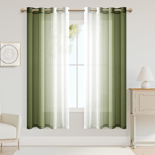 XWZO Gardinen mit Ösen Vorhänge Transparent Farbverlauf Voile Gardinen, Ombre Vorhang für Schlafzimmer und Wohnzimmer 160cm x 140cm(H x B) Armeegrün von XWZO