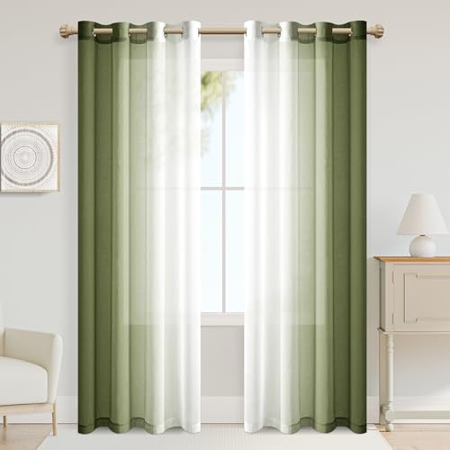 XWZO Gardinen mit Ösen Vorhänge Transparent Farbverlauf Voile Gardinen, Ombre Vorhang für Schlafzimmer und Wohnzimmer 245cm x 140cm(H x B) Armeegrün von XWZO
