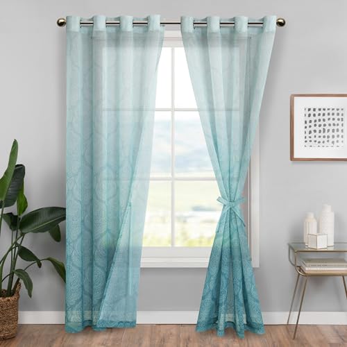 XWZO Gradient Vorhänge mit Ösen Ombre Gardinen Voile Sheer Farbverlauf Vorhang mit Raffhalter 2 er Set für Schlafzimmer und Wohnzimmer 225x140cm (HxB) Seeblau von XWZO