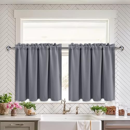 XWZO Grau Gardinen Blackout, Vorhänge Blickdicht mit Gardinenstangen, für Wohnzimmer und Küche, Bistrogardine Kurzer Scheibengardinen für kleines Fenster, B 66cm x H 114cm pro Paneel, 2er Set von XWZO