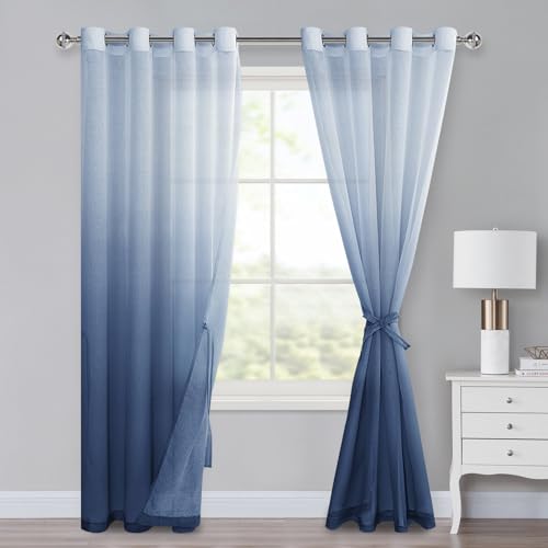 XWZO Ombre Gardinen mit Ösen Farbverlauf Vorhang Voile Sheer Gradient Gardinen 2 er Set für Schlafzimmer und Wohnzimmer Schlaufengardinen mit Raffhalter 225 x 140cm (H x B) Jeansblau von XWZO