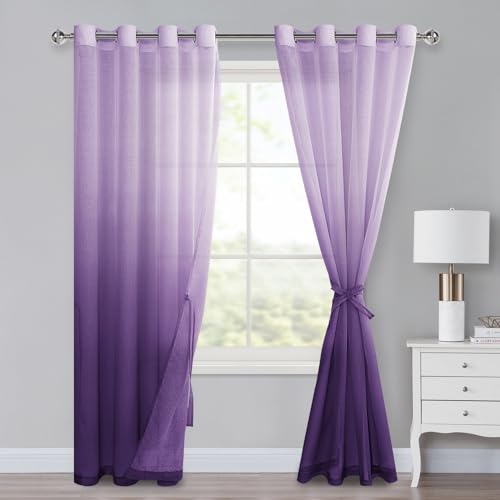 XWZO Ombre Gardinen mit Ösen Farbverlauf Vorhang Voile Sheer Gradient Gardinen 2 er Set für Schlafzimmer und Wohnzimmer Schlaufengardinen mit Raffhalter 225 x 140cm (H x B) Lila von XWZO