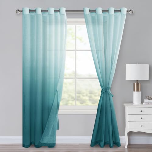 XWZO Ombre Gardinen mit Ösen Farbverlauf Vorhang Voile Sheer Gradient Gardinen 2 er Set für Schlafzimmer und Wohnzimmer Schlaufengardinen mit Raffhalter 225 x 140cm (H x B) Türkis von XWZO