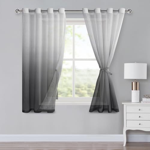 XWZO Ombre Gardinen mit Ösen Farbverlauf Vorhang Voile Sheer Gradient Gardinen 2 er Set für Schlafzimmer und Wohnzimmer Schlaufengardinen mit Raffhalter H145xB140cm Grau von XWZO