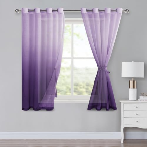 XWZO Voile Gardinen mit Ösen Vorhänge Farbverlauf Vorhang Sheer Ombre Gardinen 2 er Set für Schlafzimmer und Wohnzimmer Schlaufengardinen mit Raffhalter H145xB140cm Lila von XWZO