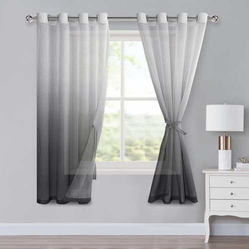XWZO Voile Gardinen mit Ösen Vorhänge Farbverlauf Vorhang Sheer Ombre Gardinen 2 er Set für Schlafzimmer und Wohnzimmer Schlaufengardinen mit Raffhalter H160xB140cm Grau von XWZO
