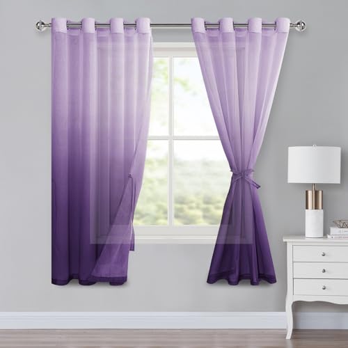 XWZO Ombre Gardinen mit Ösen Farbverlauf Vorhang Voile Sheer Gradient Gardinen 2 er Set für Schlafzimmer und Wohnzimmer Schlaufengardinen mit Raffhalter H160xB140cm Lila von XWZO