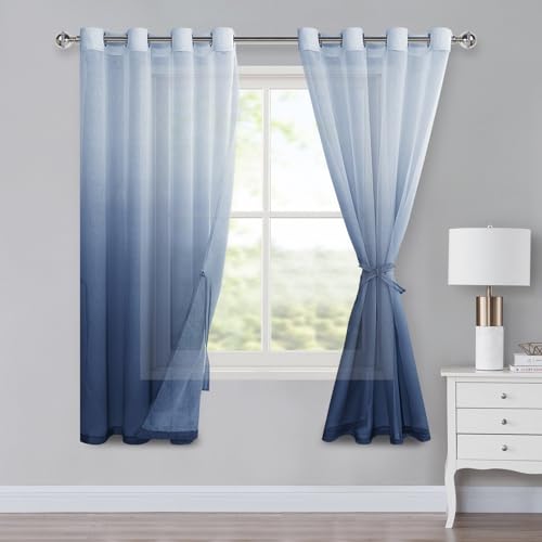 XWZO Voile Gardinen mit Ösen Vorhänge Farbverlauf Vorhang Sheer Ombre Gardinen 2 er Set für Schlafzimmer und Wohnzimmer Schlaufengardinen mit Raffhalter H175xB140cm Jeansblau von XWZO