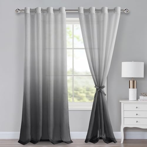 XWZO Ombre Gardinen mit Ösen Farbverlauf Vorhang Voile Sheer Gradient Gardinen 2 er Set für Schlafzimmer und Wohnzimmer Schlaufengardinen mit Raffhalter H260xB140cm Grau von XWZO