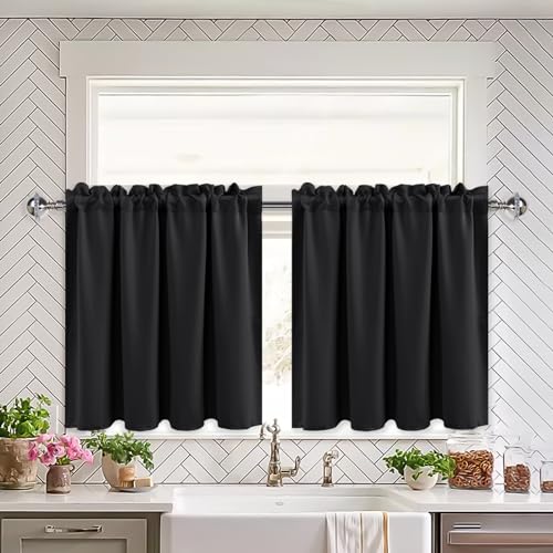 XWZO Schwarz Gardinen Blackout, Vorhänge Blickdicht mit Gardinenstangen, für Wohnzimmer und Küche, Bistrogardine Kurzer Scheibengardinen für kleines Fenster, B 66cm x H 61cm pro Paneel, 2er Set von XWZO