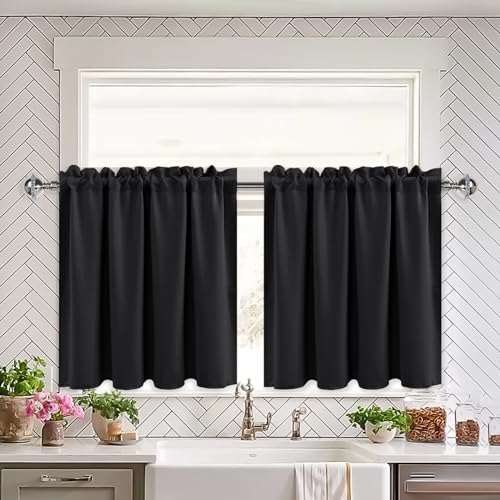 XWZO Schwarz Gardinen Blackout, Vorhänge Blickdicht, Küchengardinen Bistrogardine Kurzer Scheibengardinen für kleines Fenster, Wohnwagen, B 66cm x H 61cm pro Paneel, 2er Set von XWZO
