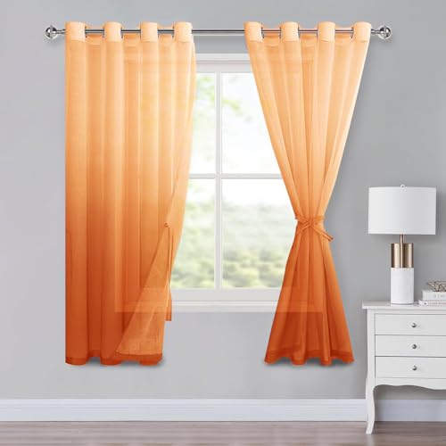 XWZO Voile Gardinen mit Ösen Vorhänge Farbverlauf Vorhang Sheer Ombre Gardinen 2 er Set für Schlafzimmer und Wohnzimmer Schlaufengardinen mit Raffhalter H245xB140cm Orange von XWZO
