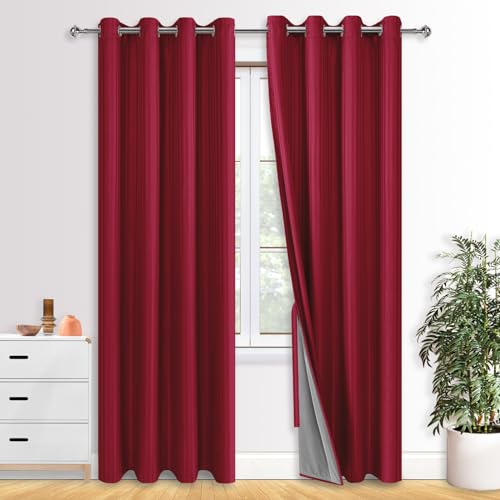 XWZO Vorhang 100% Blickdicht Verdunkelungsvorhänge für Schlafzimmer mit Ösen, Doppellagige Dicke und Schwere Vorhänge mit Streifen Muster, Rot, 245x140cm(HxB),2 Paneele. von XWZO
