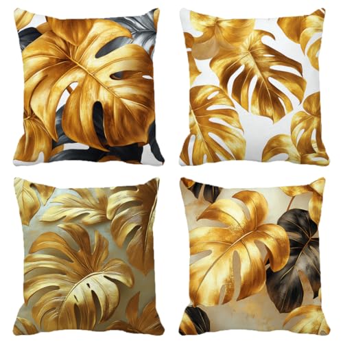 Kissenbezug 40x40 cm 4er Set Blätter Outdoor Kissen Wetterfest Weiche Quadrat Dekokissen Gold Mit Unsichtbarem Reißverschluss für Sofa, Schlafzimmer, Wohnzimmer Heim Deko Geschenks (Model-408) von XXDBBDOU