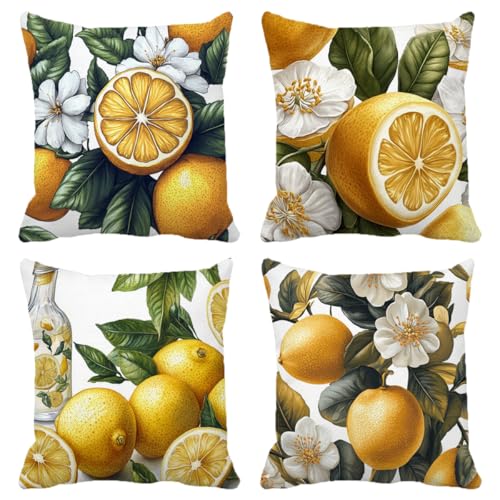 Kissenbezug 55x55 cm 4er Set Zitrone Outdoor Kissen Wetterfest Weiche Quadrat Dekokissen Gelb Mit Unsichtbarem Reißverschluss für Sofa, Schlafzimmer, Wohnzimmer Heim Deko Geschenks (Model-414) von XXDBBDOU