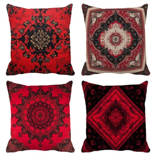 Kissenbezug 80x80 cm 4er Set Boho Outdoor Kissen Wetterfest Weiche Quadrat Dekokissen Rot Mit Unsichtbarem Reißverschluss für Sofa, Schlafzimmer, Wohnzimmer Outdoor Heim Deko Geschenks (Model-434) von XXDBBDOU