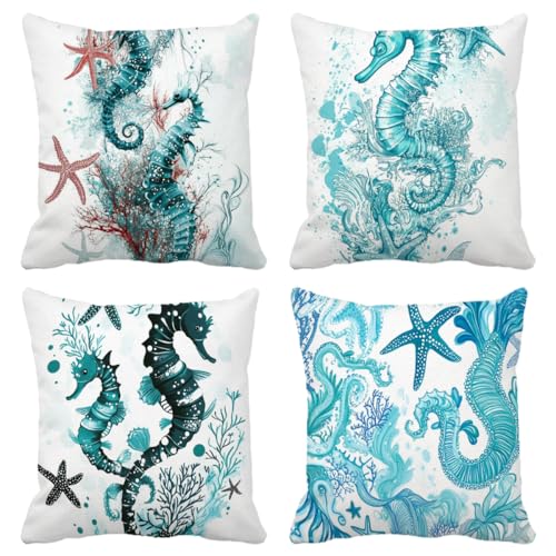 Outdoor Kissen Wetterfest 45x45 cm 4er Set Seepferdchen Kissenbezug Blau Leinen Dekokissen Quadrat Sofakissen für Innenbereich, Outdoor, Terrasse, Gartenmöbel, Sommer Balkon Deko Geschenks (Model-409) Outdoor Kissen Wetterfest 45x45 cm 4er Set Seepferdchen Kissenbezug Blau Leinen Dekokissen Quadrat Sofakissen für Innenbereich, Outdoor, Terrasse, Gartenmöbel, Sommer Balkon Deko Geschenks (Model-409) von XXDBBDOU