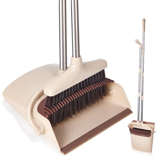 XXFLOWER Besen und Kehrschaufel Set mit Langem Stiel,Kehrbesen mit Schaufel,Kehrset mit Ausziehbarem Stiel,Kehrblech Broom and Dustpan Set für Haushaltsreinigung Büro (Beige) von XXFLOWER