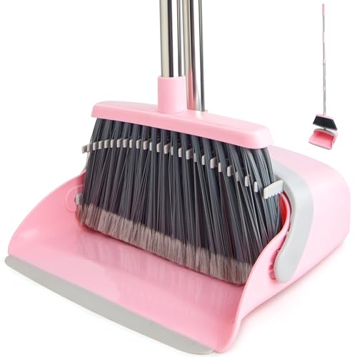 XXFLOWER Besen und Kehrschaufel Set mit langem Stiel,Kehrbesen mit Schaufel,Kehrset mit Ausziehbarem Stiel,Kehrblech Broom and Dustpan Set für Haushaltsreinigung Büro (Grau-Rosa) von XXFLOWER