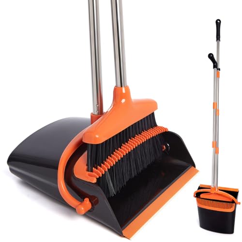 XXFLOWER Besen und Kehrschaufel Set mit langem Stiel,Kehrbesen mit Schaufel,Kehrset mit Ausziehbarem Stiel,Kehrblech Broom and Dustpan Set für Haushaltsreinigung Büro (Schwarz-Orange) von XXFLOWER