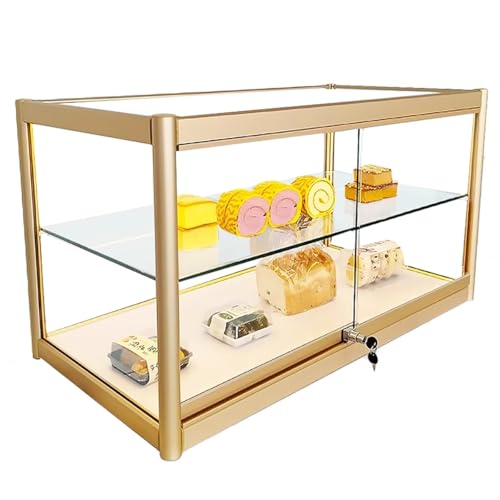Tiered Backwaren Bäckerei Display Case LED Beleuchtung Metall Display Table Top Gehärtetes Glas Show Case, Schiebeglastüren Mit Schloss, Kommerzielle Countertop Bäckerei Display Schrank(Gold,100cm) von XXGJOALD