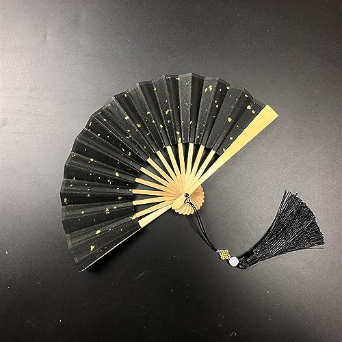 4-6 Zoll Mini-Faltfächer. Tragbare Kinder-Fächer aus vergoldetem Reispapier und Seide mit Retro-Quaste, tragbarer Handfächer, faltbar(Black Sprinkled Gold-bamboo,S) von XXHNBF