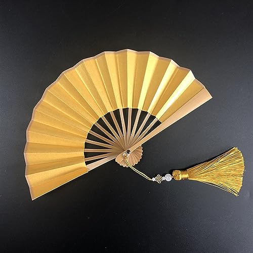 4-6 Zoll Mini-Faltfächer. Tragbare Kinder-Fächer aus vergoldetem Reispapier und Seide mit Retro-Quaste, tragbarer Handfächer, faltbar(Gold-bamboo,M) von XXHNBF
