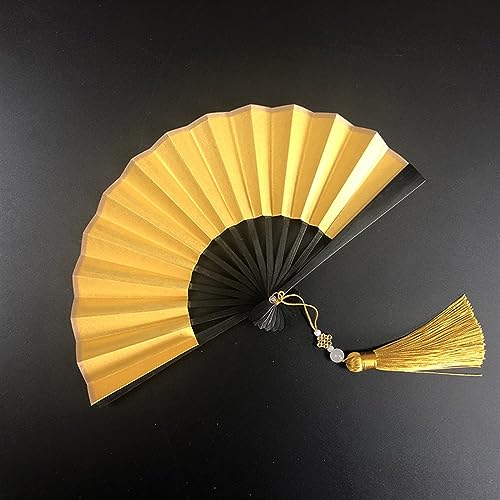 4-6 Zoll Mini-Faltfächer. Tragbare Kinder-Fächer aus vergoldetem Reispapier und Seide mit Retro-Quaste, tragbarer Handfächer, faltbar(Gold-black,M) von XXHNBF
