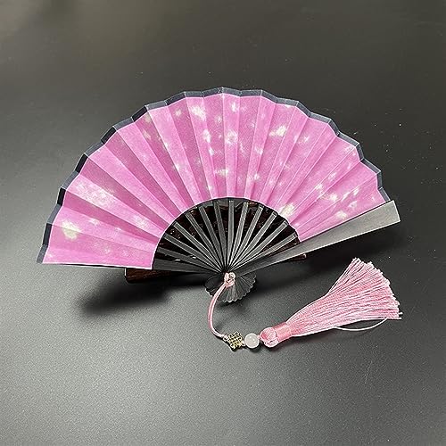 4-6 Zoll Mini-Faltfächer. Tragbare Kinder-Fächer aus vergoldetem Reispapier und Seide mit Retro-Quaste, tragbarer Handfächer, faltbar(Pink Snowflakes-black,S) von XXHNBF