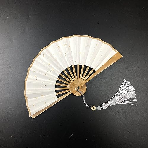 4-6 Zoll Mini-Faltfächer. Tragbare Kinder-Fächer aus vergoldetem Reispapier und Seide mit Retro-Quaste, tragbarer Handfächer, faltbar(White Sprinkled Gold-bamboo,M) von XXHNBF