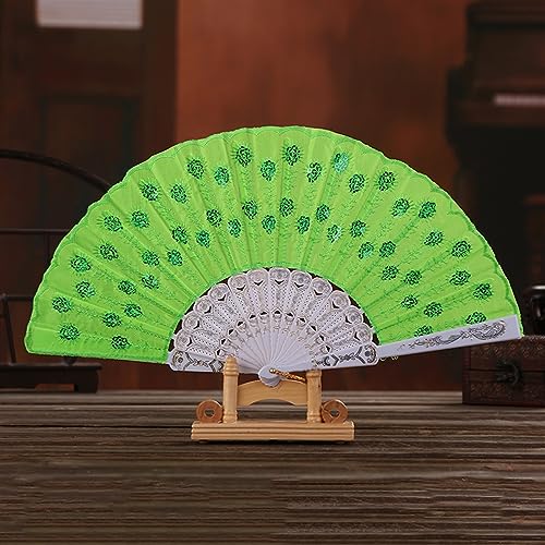 Faltfächer aus Spitze for Tanzvorführungen, Requisiten for ethnische Dekorationen for Damen, Handfächer, faltbar, mit Pfauenpailletten, for Öffnen und Schließen(Green,White bone fan) von XXHNBF