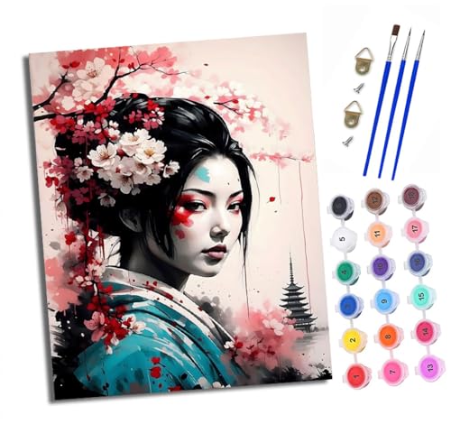 Malen Nach Zahlen Erwachsene - AnfäNger - Knitterfreie Leinwand Blumen Japanisches Mädchen Pinsels Und Acrylfarbe - Diy Handgemalt öLgemäLde Kit Als Geschenk 40 X 50cm von XXHXIE