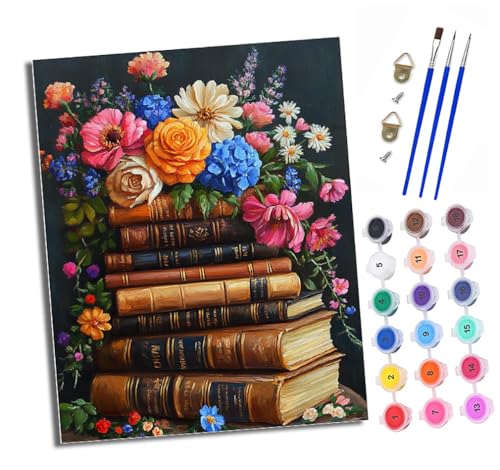 Malen Nach Zahlen Erwachsene - AnfäNger - Knitterfreie Leinwand Blumen auf den Büchern Pinsels Und Acrylfarbe - Diy Handgemalt öLgemäLde Kit Als Geschenk 40 X 50cm von XXHXIE
