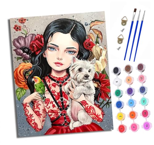 Malen Nach Zahlen Erwachsene - AnfäNger - Knitterfreie Leinwand Blumenmädchen und Welpe Pinsels Und Acrylfarbe - Diy Handgemalt öLgemäLde Kit Als Geschenk 40 X 50cm von XXHXIE