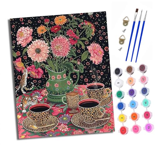 Malen Nach Zahlen Erwachsene - AnfäNger - Knitterfreie Leinwand Blumentopf Leopardenmuster Tasse Pinsels Und Acrylfarbe - Diy Handgemalt öLgemäLde Kit Als Geschenk 40 X 50cm von XXHXIE