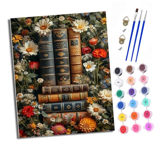 Malen Nach Zahlen Erwachsene - AnfäNger - Knitterfreie Leinwand Bücher zwischen Blumen Pinsels Und Acrylfarbe - Diy Handgemalt öLgemäLde Kit Als Geschenk 40 X 50cm von XXHXIE