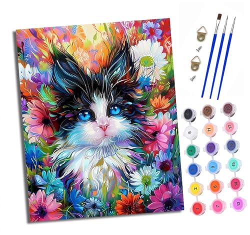 Malen Nach Zahlen Erwachsene - AnfäNger - Knitterfreie Leinwand Bunte Katze in den Blumen Pinsels Und Acrylfarbe - Diy öLgemäLde Kit Als Geschenk 40 X 50cm Mit Rahmen von XXHXIE