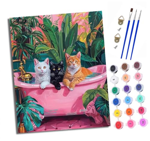 Malen Nach Zahlen Erwachsene - AnfäNger - Knitterfreie Leinwand Drei Katzen in der Badewanne Pinsels Und Acrylfarbe - Diy Handgemalt öLgemäLde Kit Als Geschenk 40 X 50cm von XXHXIE