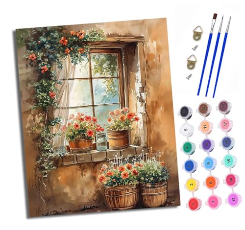 Malen Nach Zahlen Erwachsene - AnfäNger - Knitterfreie Leinwand Fenster umgeben von Blumen Pinsels Und Acrylfarbe - Diy öLgemäLde Kit Als Geschenk 40 X 50cm Mit Rahmen von XXHXIE