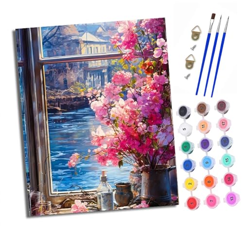 Malen Nach Zahlen Erwachsene - AnfäNger - Knitterfreie Leinwand Fensterbank Blumen und Fluss Pinsels Und Acrylfarbe - Diy öLgemäLde Kit Als Geschenk 40 X 50cm Mit Rahmen von XXHXIE