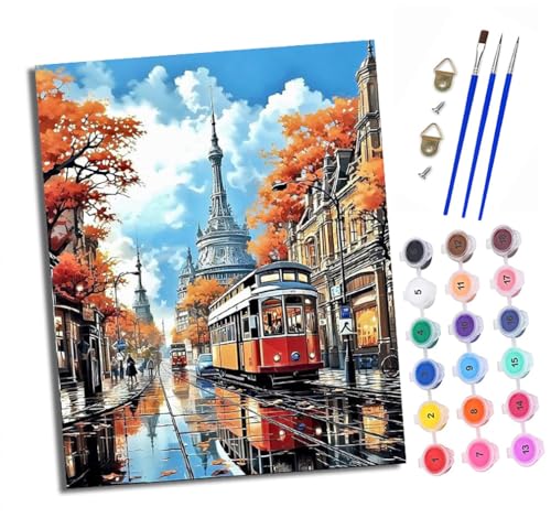 Malen Nach Zahlen Erwachsene - AnfäNger - Knitterfreie Leinwand Herbstliche Stadtstraßenbahn Pinsels Und Acrylfarbe - Diy Handgemalt öLgemäLde Kit Als Geschenk 40 X 50cm von XXHXIE