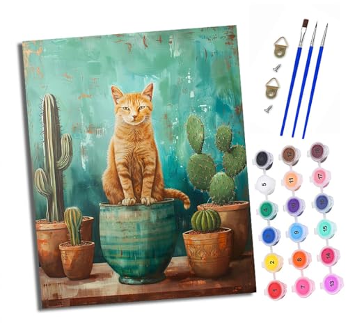 Malen Nach Zahlen Erwachsene - AnfäNger - Knitterfreie Leinwand Orange Katze neben dem Kaktus Pinsels Und Acrylfarbe - Diy Handgemalt öLgemäLde Kit Als Geschenk 40 X 50cm von XXHXIE