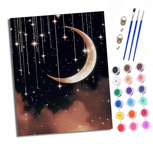 Malen Nach Zahlen Erwachsene - AnfäNger - Knitterfreie Leinwand Schöner Nachthimmel mit Sternen und Mond Pinsels Und Acrylfarbe - Diy Handgemalt öLgemäLde Kit Als Geschenk 40 X 50cm von XXHXIE