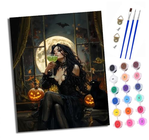 Malen Nach Zahlen Erwachsene - AnfäNger - Knitterfreie Leinwand Schwarze Katze Halloween Mädchen Pinsels Und Acrylfarbe - Diy öLgemäLde Kit Als Geschenk 40 X 50cm Mit Rahmen von XXHXIE