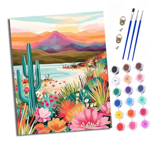 Malen Nach Zahlen Erwachsene - AnfäNger - Knitterfreie Leinwand See blühender Kaktus Pinsels Und Acrylfarbe - Diy Handgemalt öLgemäLde Kit Als Geschenk 40 X 50cm von XXHXIE