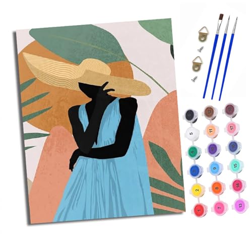 Malen Nach Zahlen Erwachsene - AnfäNger - Knitterfreie Leinwand Strohhut und blaue Rocksilhouette Pinsels Und Acrylfarbe - Diy öLgemäLde Kit Als Geschenk 40 X 50cm Mit Rahmen von XXHXIE